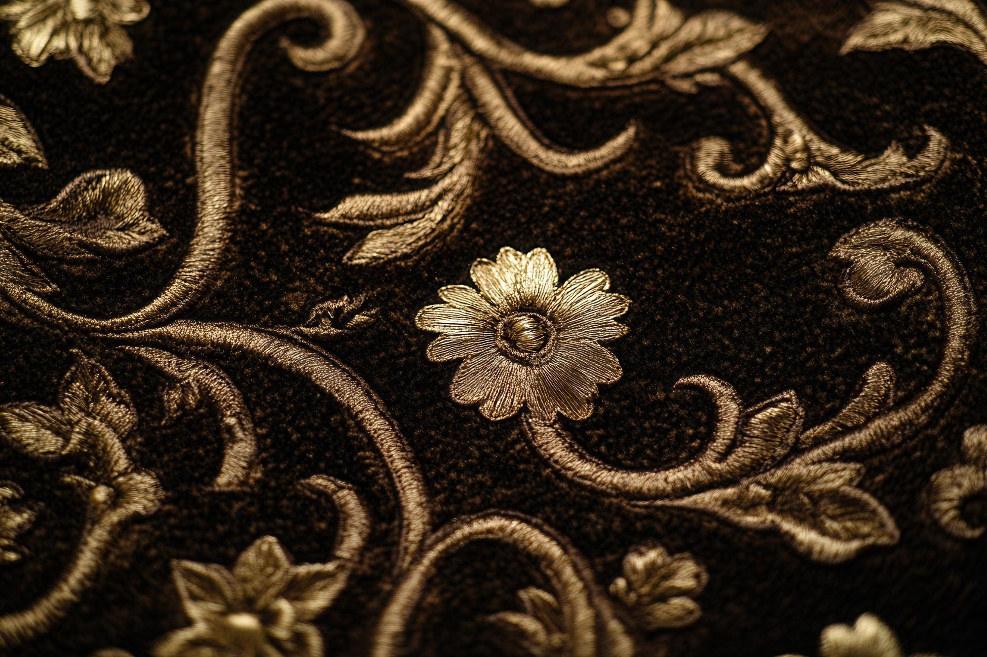 Golden floral embroidery on black silk